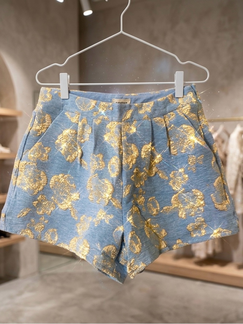 NWT Umgee Metallic Gold Floral Brocade Shorts Blue Shimmer Boho